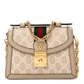 GG Supreme Monogram Textured Dollar Calfskin Web Mini Ophidia Padlock Top Handle Chain Shoulder Bag Beige Mystic White