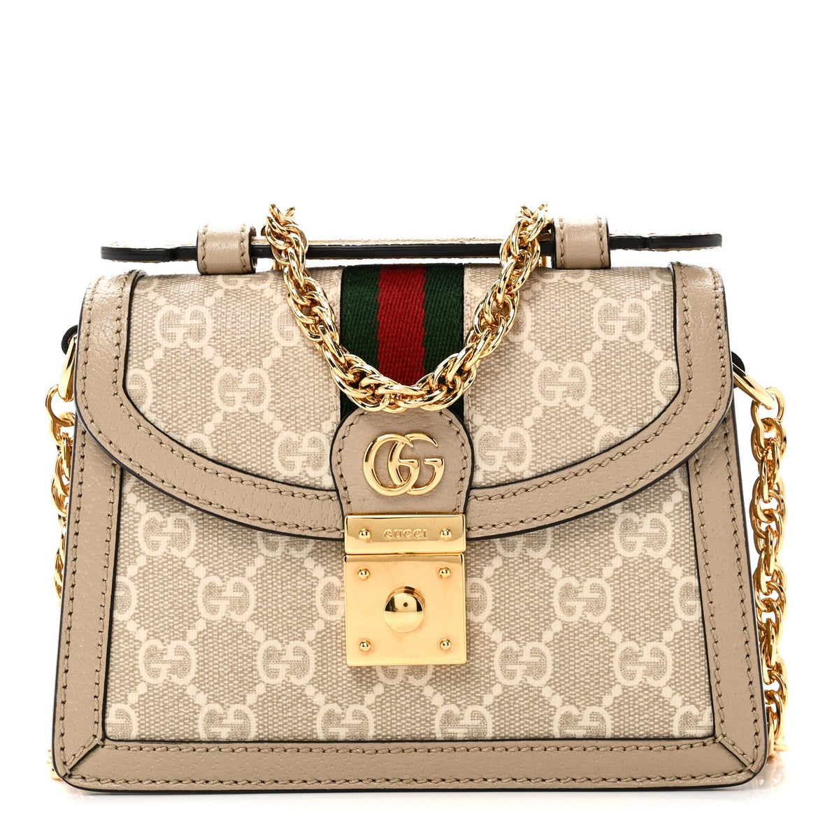 GG Supreme Monogram Textured Dollar Calfskin Web Mini Ophidia Padlock Top Handle Chain Shoulder Bag Beige Mystic White