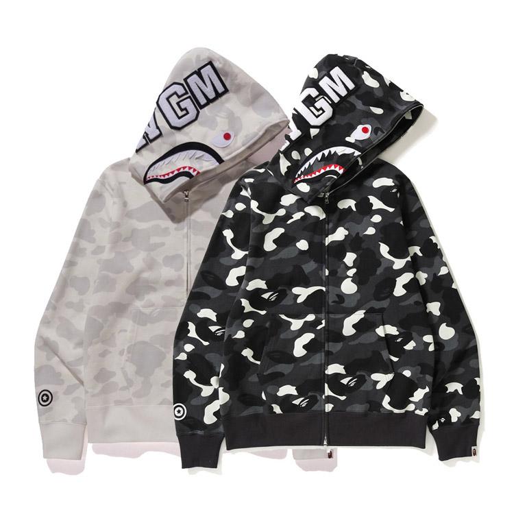 Bathing Ape Hoodie Black and White Luminous Shark Coat Looped Fabric Hooded Shark Sweater Shark Embroidered Hoodie product