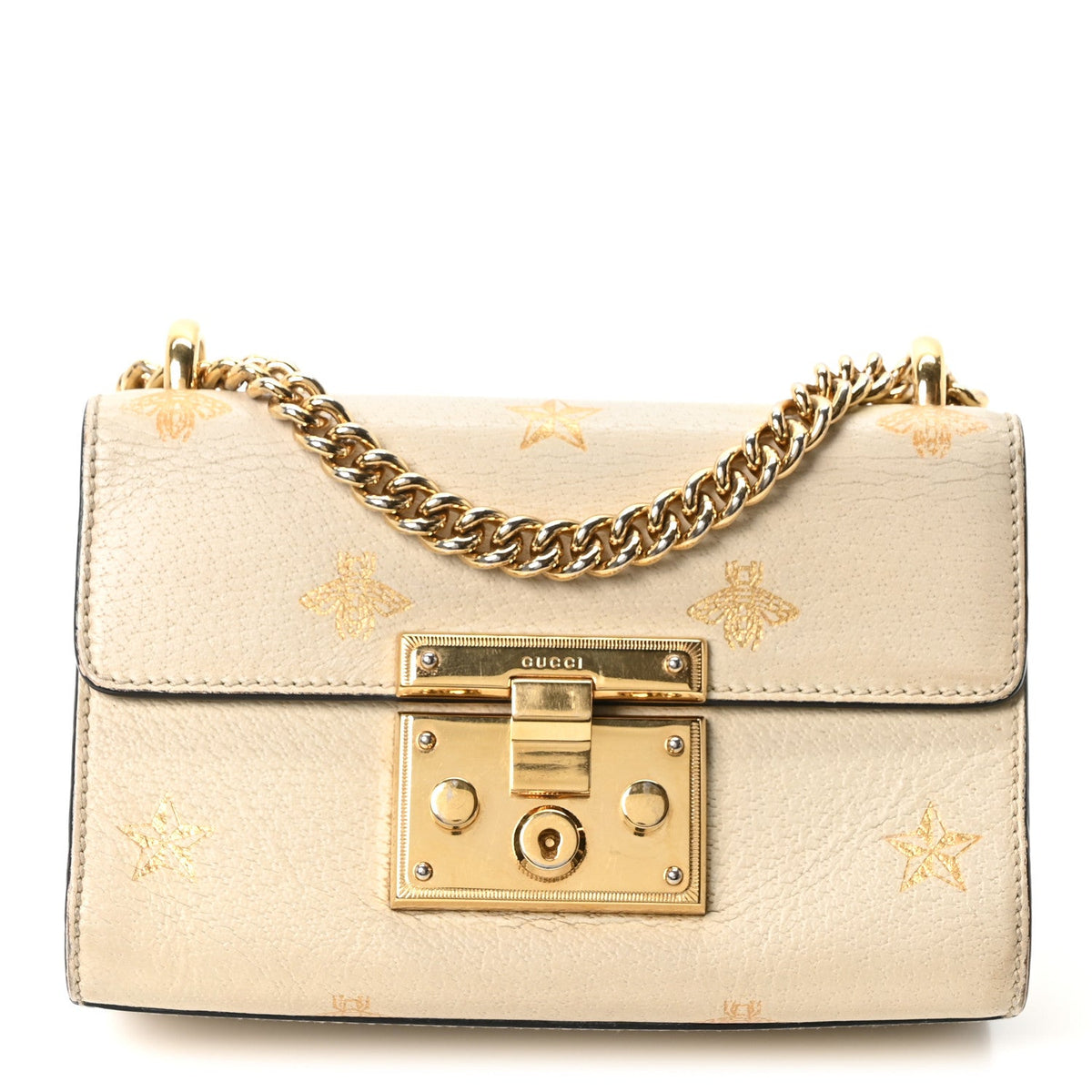 Grained Calfskin Bee Star Small Padlock Shoulder Bag White product image 1, provided for visual reference and product detail