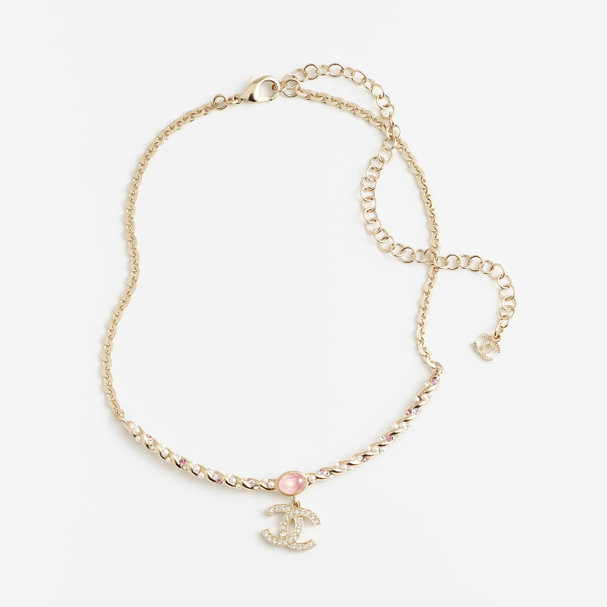 Chanel Pink Crystal 18K Gold Necklace product image 1, provided for visual reference and product detail review