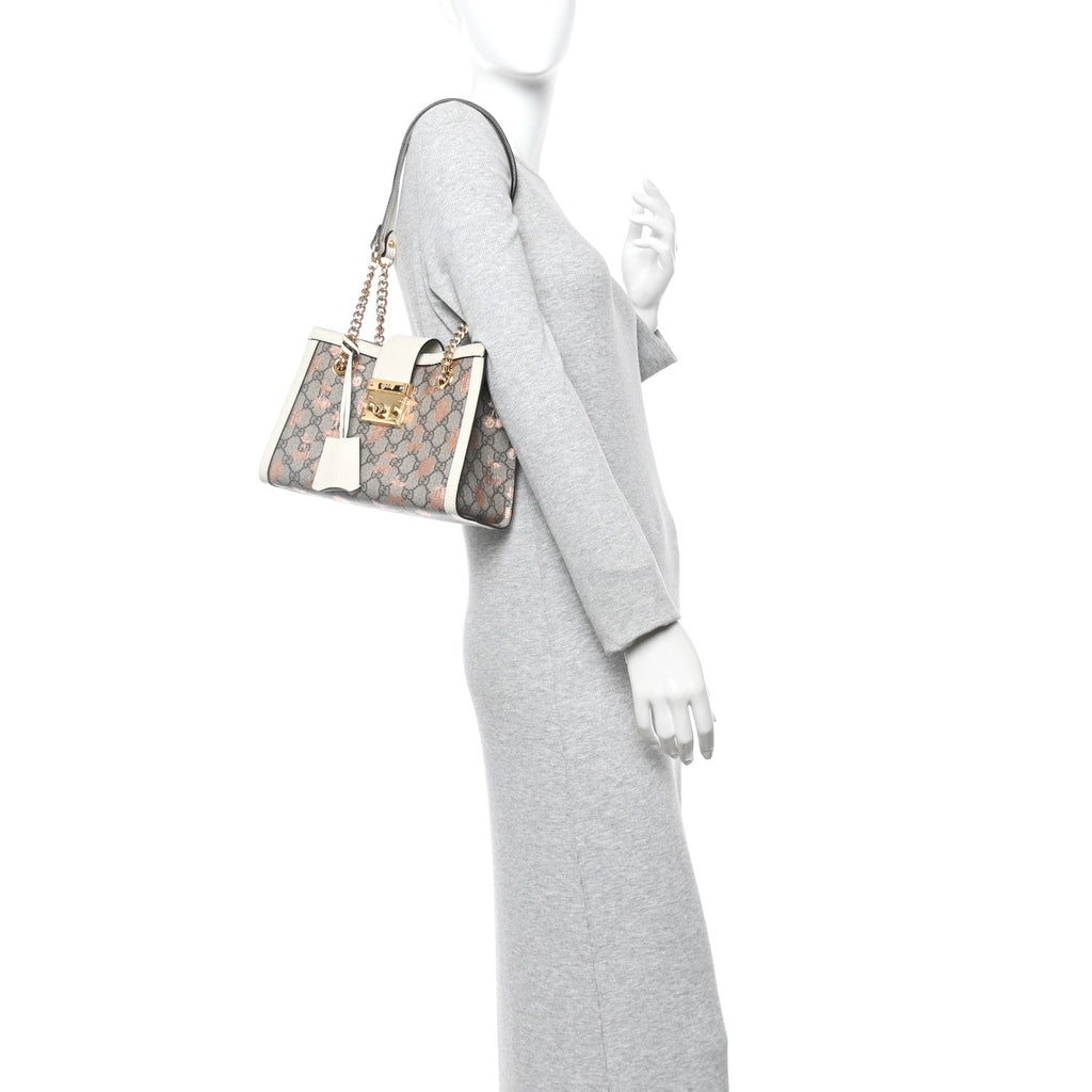 GG Supreme Monogram Berry Textured Dollar Calfskin Small Padlock Tote Beige Ebony Light Copper Mystic White product image 2,