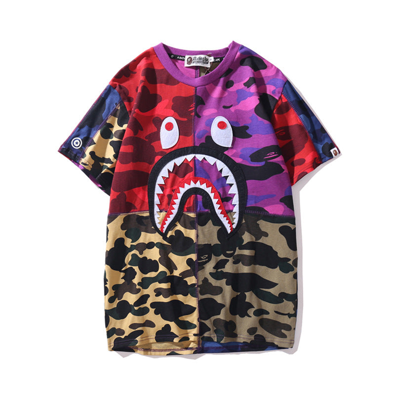 Bape Bearbrick T-Shirt Summer Shark Camouflage Patchwork Stitching T-Shirt product image 1, provided for visual reference