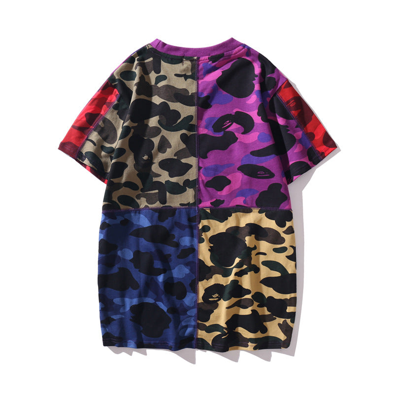 Bape Bearbrick T-Shirt Summer Shark Camouflage Patchwork Stitching T-Shirt product image 2, provided for visual reference