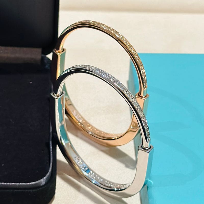 Tiffany Lock Bangle Half Pave Diamonds 18K Gold Bracelet product image 8, provided for visual reference and product detail