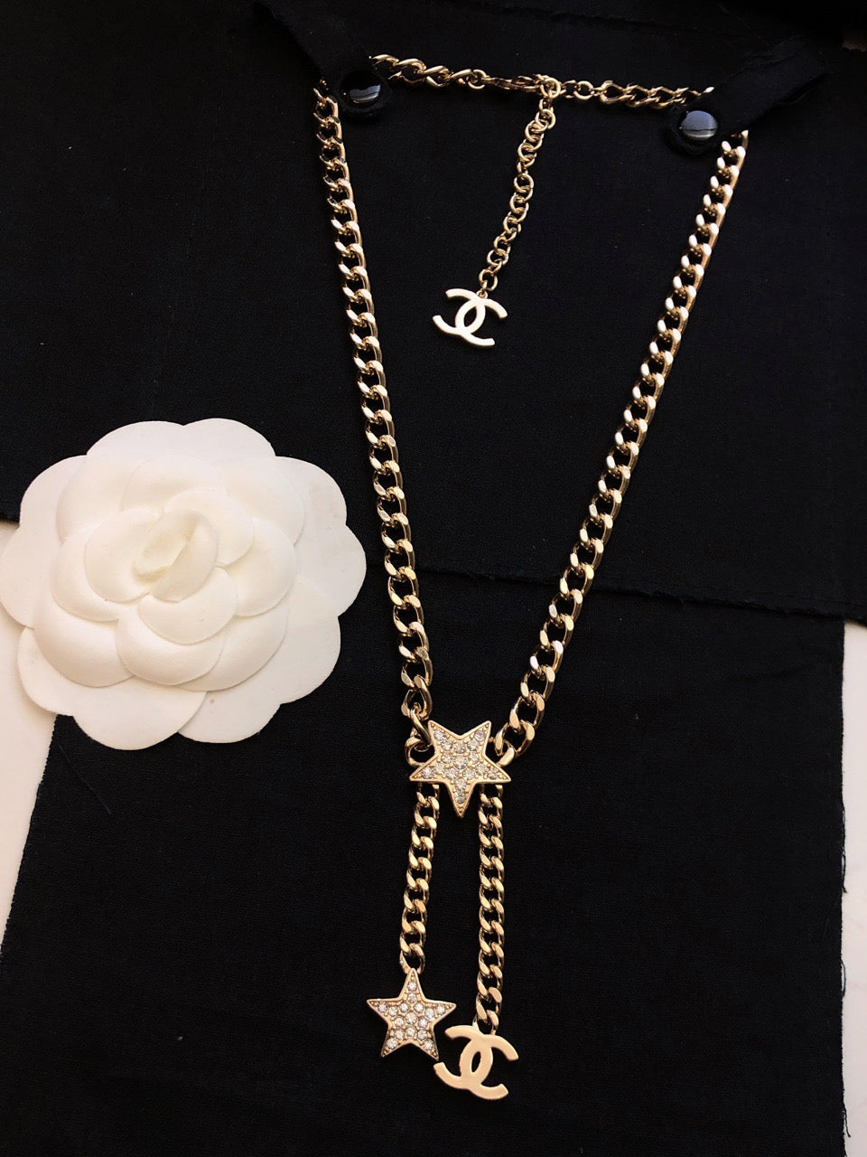 Chanel Rhinestone Star Chain 18K Gold Necklace product image 2, provided for visual reference and product detail review