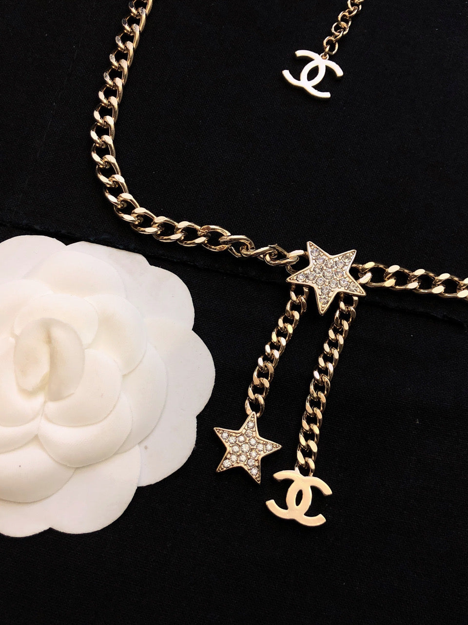 Chanel Rhinestone Star Chain 18K Gold Necklace product image 7, provided for visual reference and product detail review