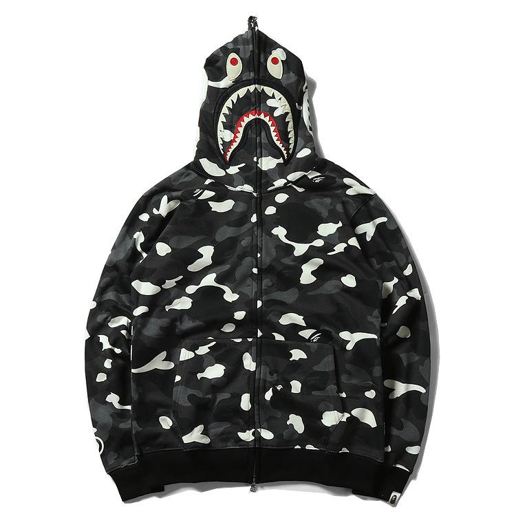 Bathing Ape Hoodie Black and White Luminous Shark Coat Looped Fabric Hooded Shark Sweater Shark Embroidered Hoodie product