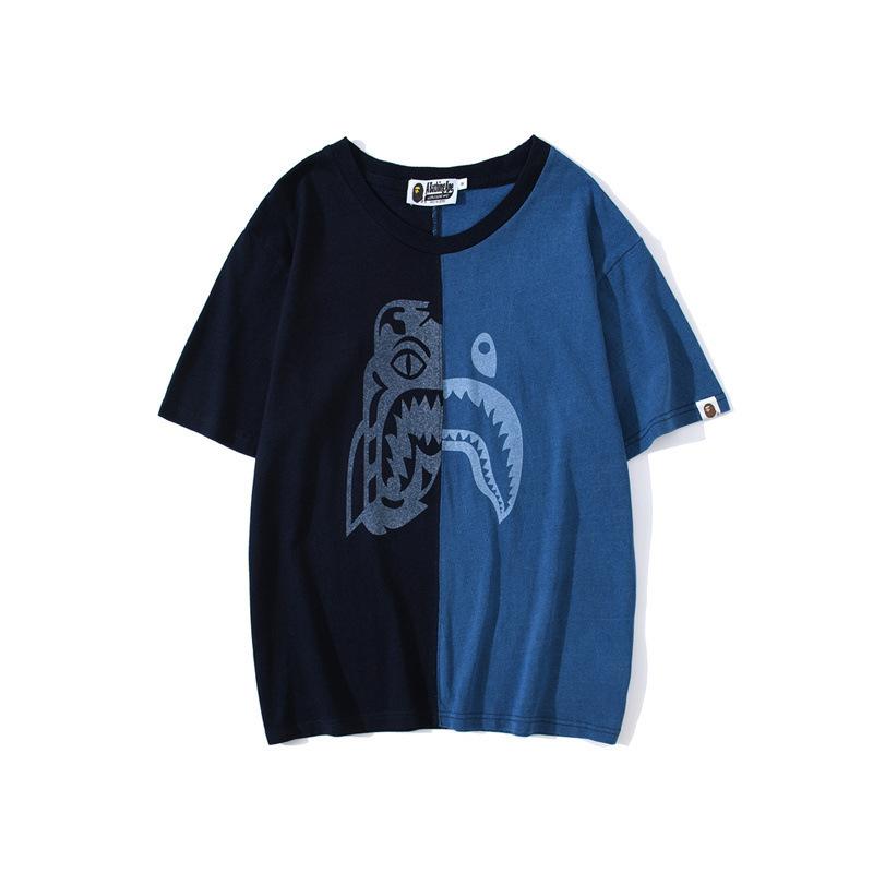 Bathing Ape T-Shirt Tiger Head Shark Head Stitching Denim Color Short Sleeve T-shirt product image 1, provided for visual