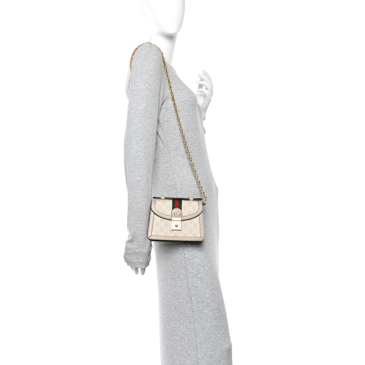 GG Supreme Monogram Textured Dollar Calfskin Web Mini Ophidia Padlock Top Handle Chain Shoulder Bag Beige Mystic White