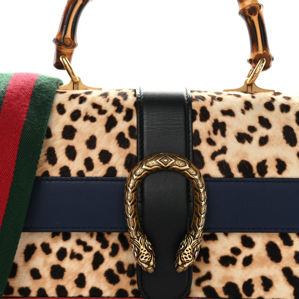 Calf Hair Calfskin Bamboo Web Leopard Print Medium Dionysus Top Handle Bag Natural Blue Agata Hibiscus Red product image 8,