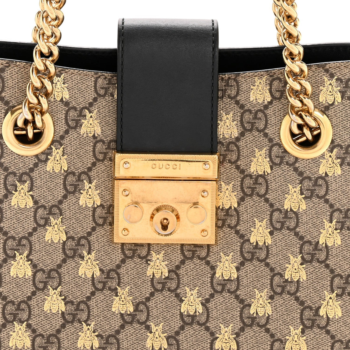GG Supreme Monogram Bees Small Padlock Tote Beige Oro Black product image 8, provided for visual reference and product