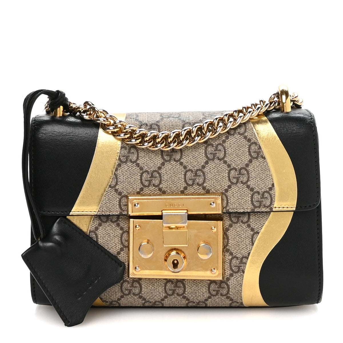 Calfskin GG Supreme Monogram Small Padlock Shoulder Bag Black Gold product image 1, provided for visual reference and