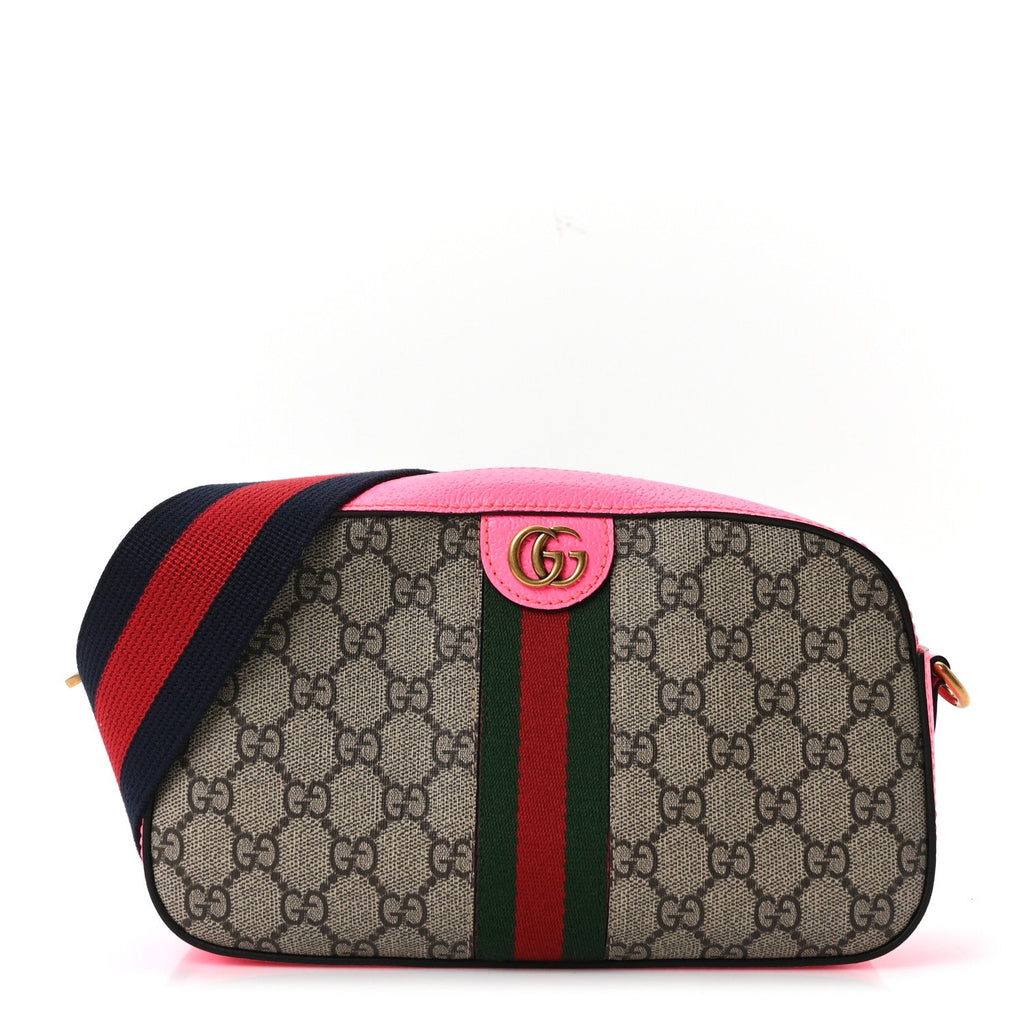 GG Supreme Monogram Textured Dollar Calfskin Web Ophidia Small Crossbody Bag Beige Ebony Fuchsia product image 1, provided