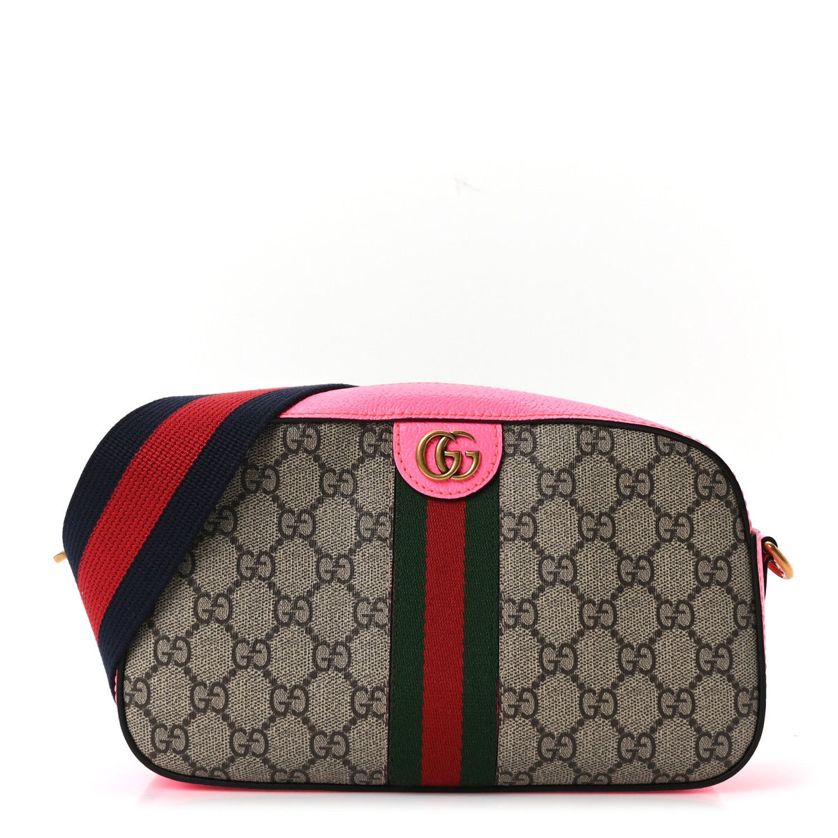 GG Supreme Monogram Textured Dollar Calfskin Web Ophidia Small Crossbody Bag Beige Ebony Fuchsia product image 1, provided