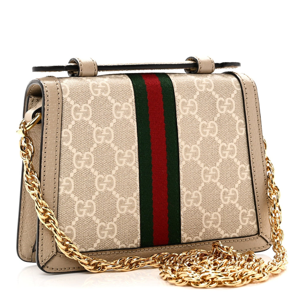 GG Supreme Monogram Textured Dollar Calfskin Web Mini Ophidia Padlock Top Handle Chain Shoulder Bag Beige Mystic White