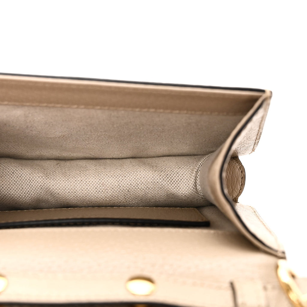 GG Supreme Monogram Textured Dollar Calfskin Web Mini Ophidia Padlock Top Handle Chain Shoulder Bag Beige Mystic White