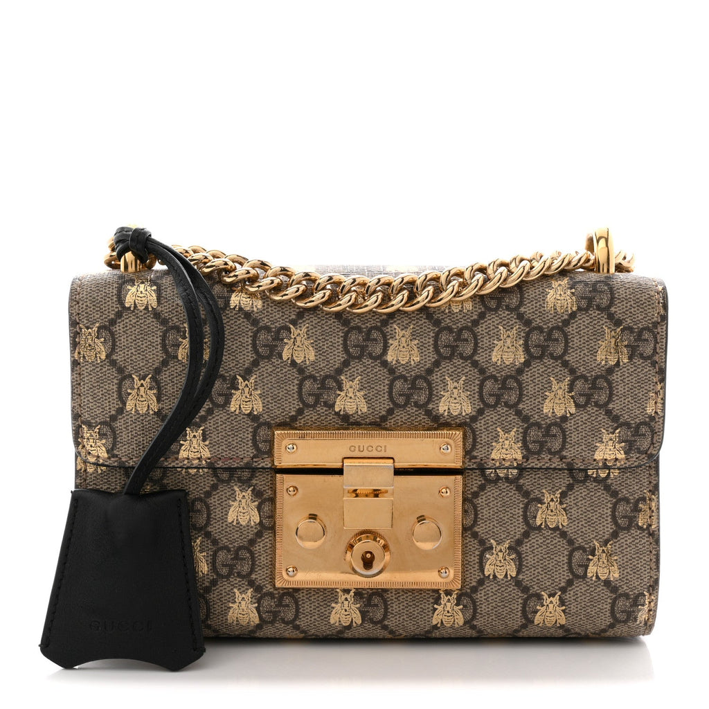 GG Supreme Monogram Bees Small Padlock Shoulder Bag Black product image 1, provided for visual reference and product detail