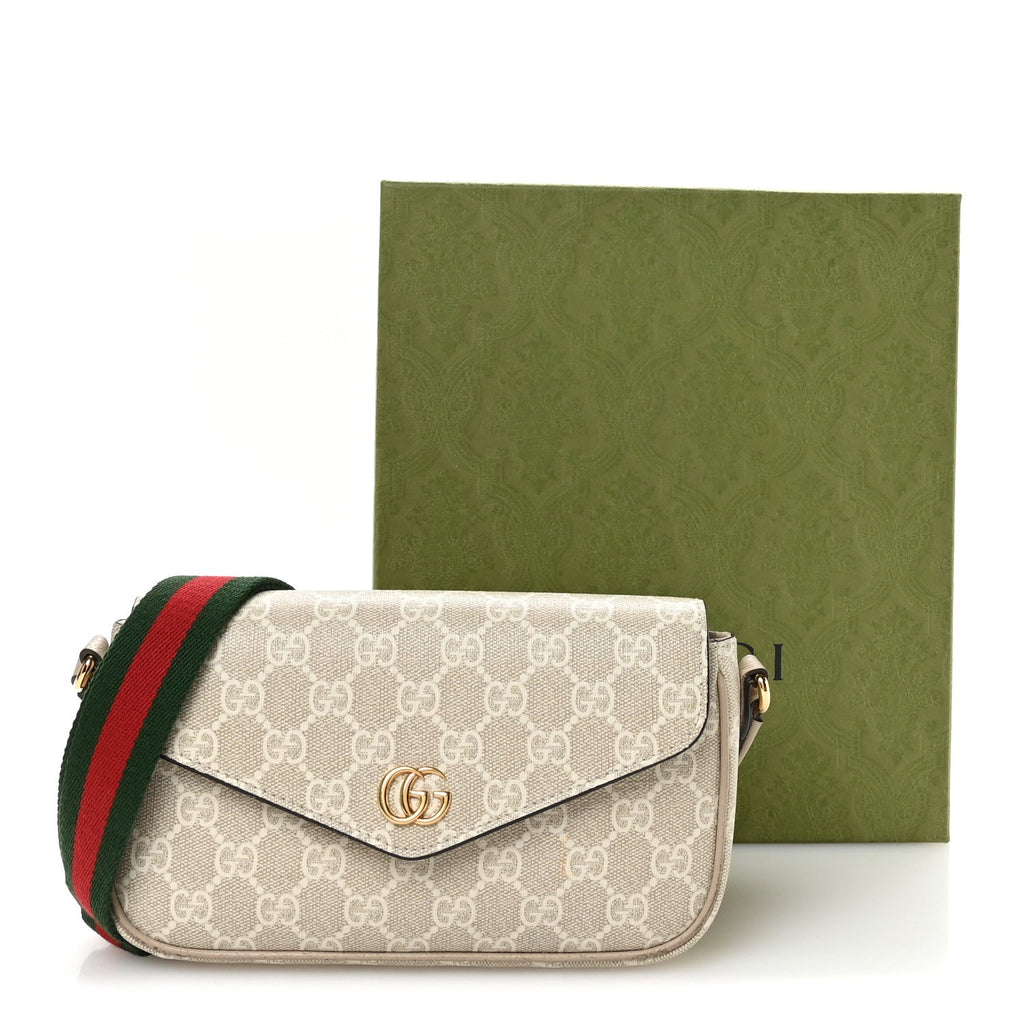 GG Supreme Monogram Textured Dollar Calfskin Web Mini Ophidia Envelope Shoulder Bag Beige Mystic White Oatmeal product image