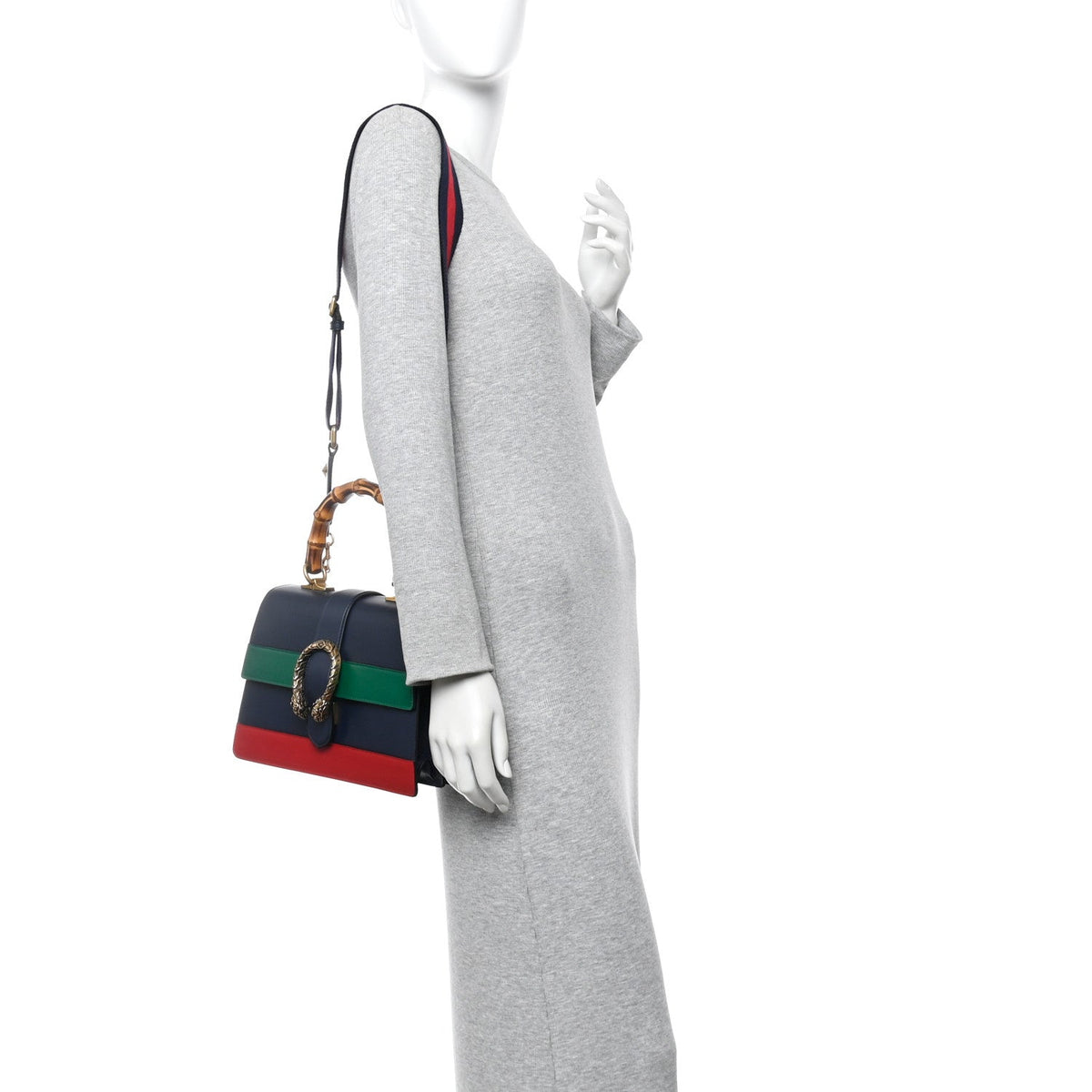 Moon Calfskin Web Medium Dionysus Bamboo Top Handle Bag Black Bright Evergreen Hibiscus Red product image 2, provided for