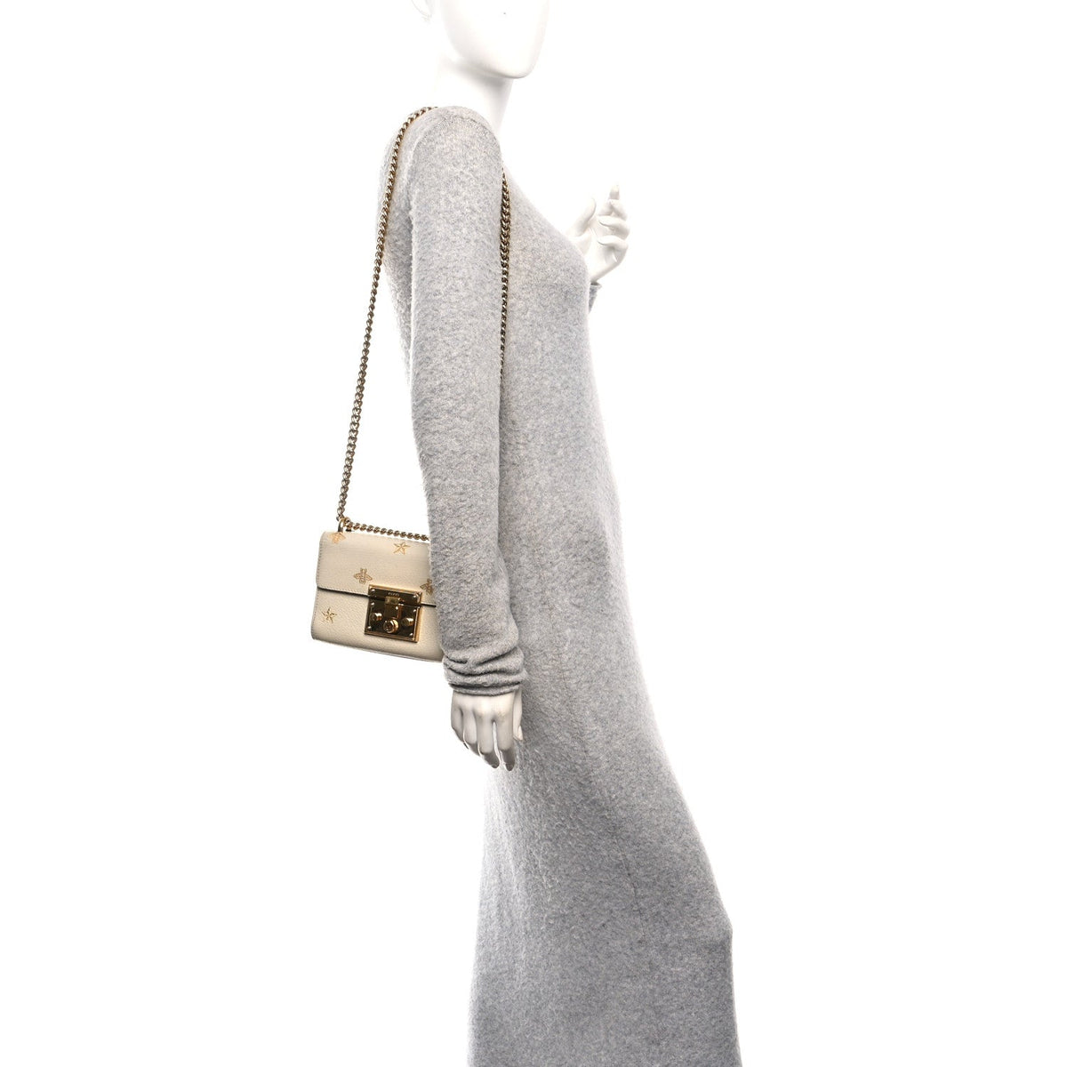Grained Calfskin Bee Star Small Padlock Shoulder Bag White product image 2, provided for visual reference and product detail