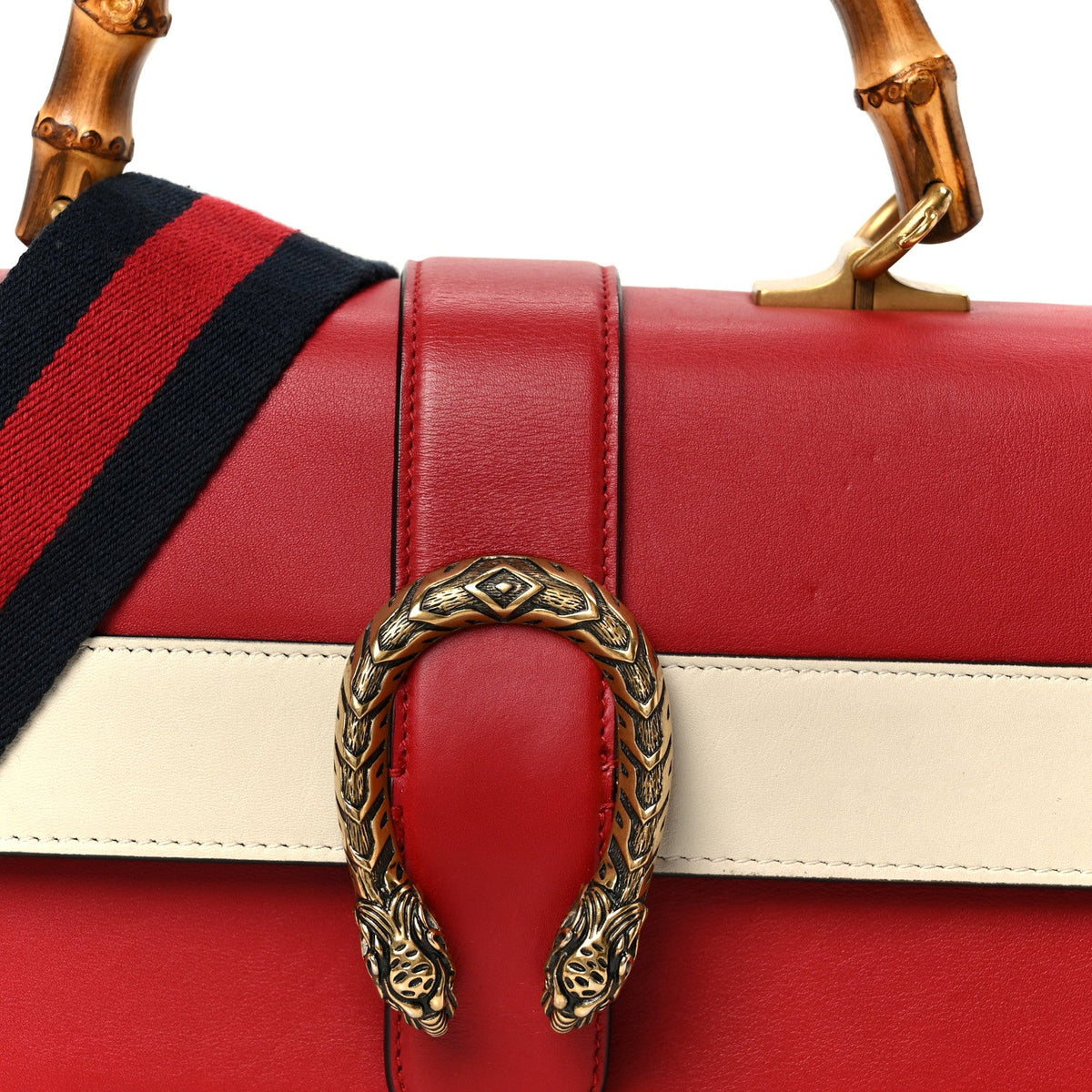 Calfskin Bamboo Web Medium Dionysus Top Handle Bag Red White Blue product image 9, provided for visual reference and product