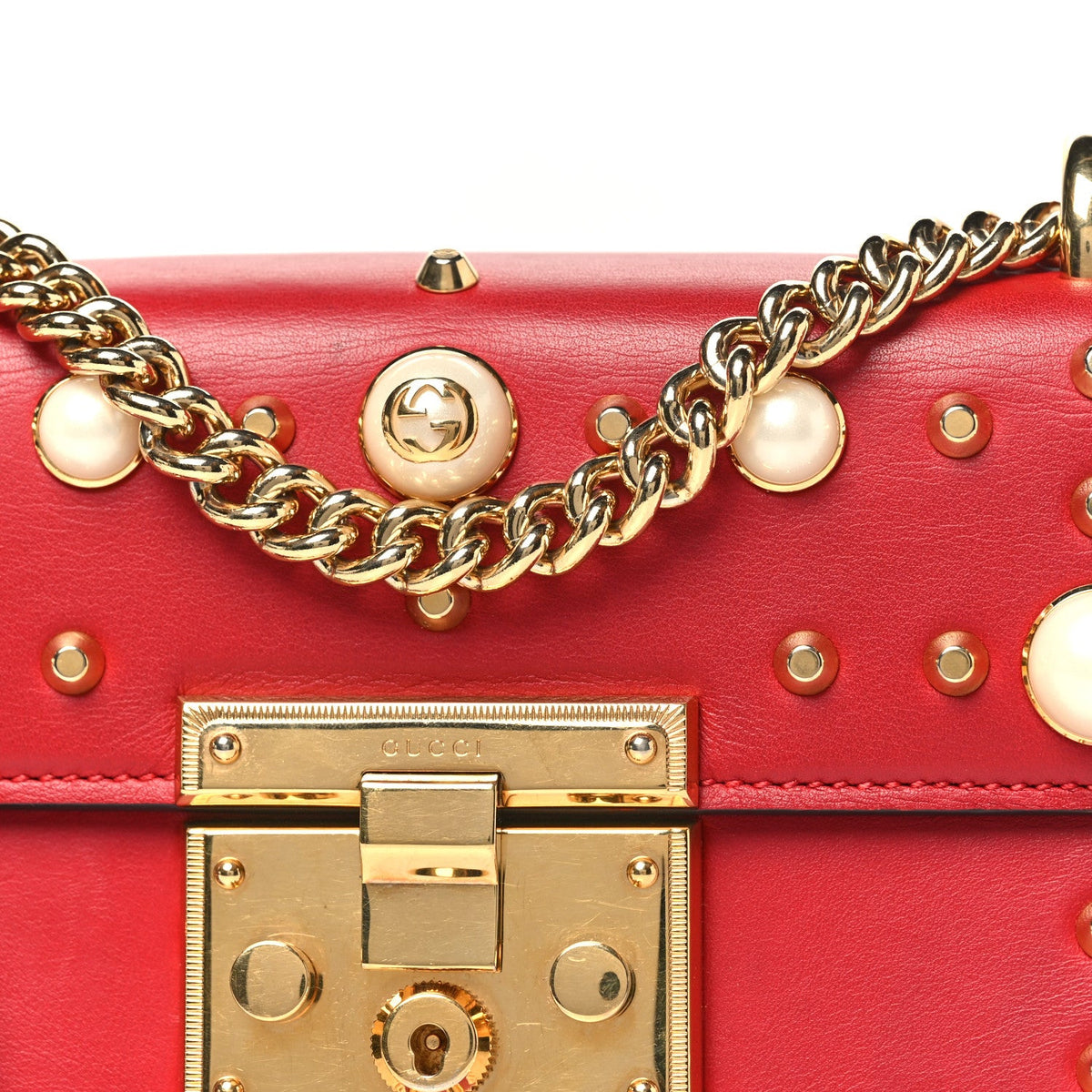 Calfskin Studded Small Padlock Shoulder Bag Hibiscus Red product image 8, provided for visual reference and product detail