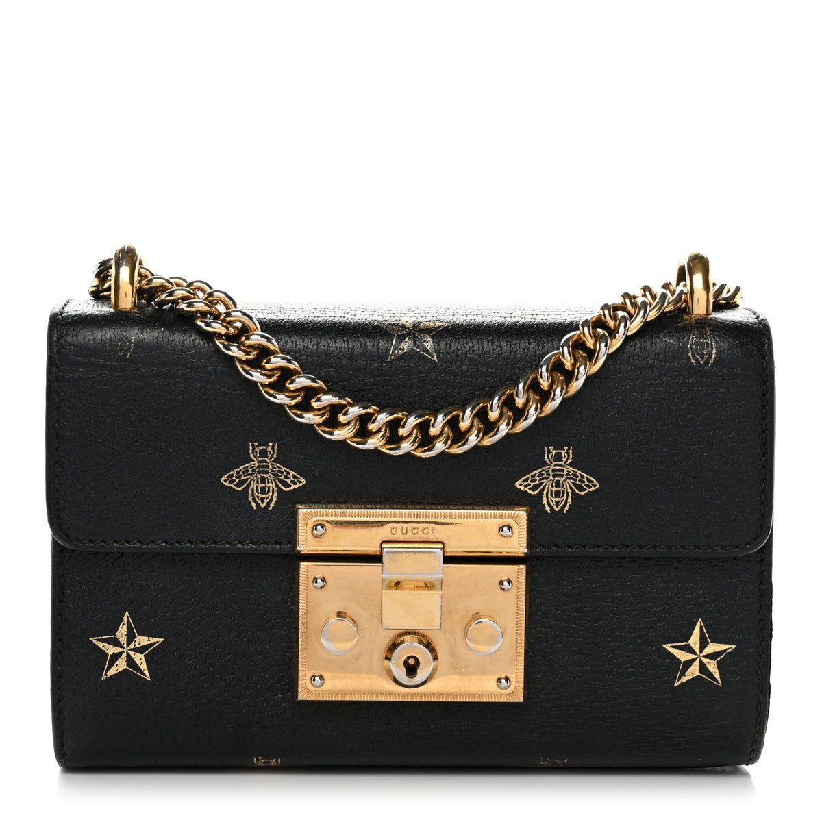 Grained Calfskin Bee Star Small Padlock Shoulder Bag Black product image 1, provided for visual reference and product detail