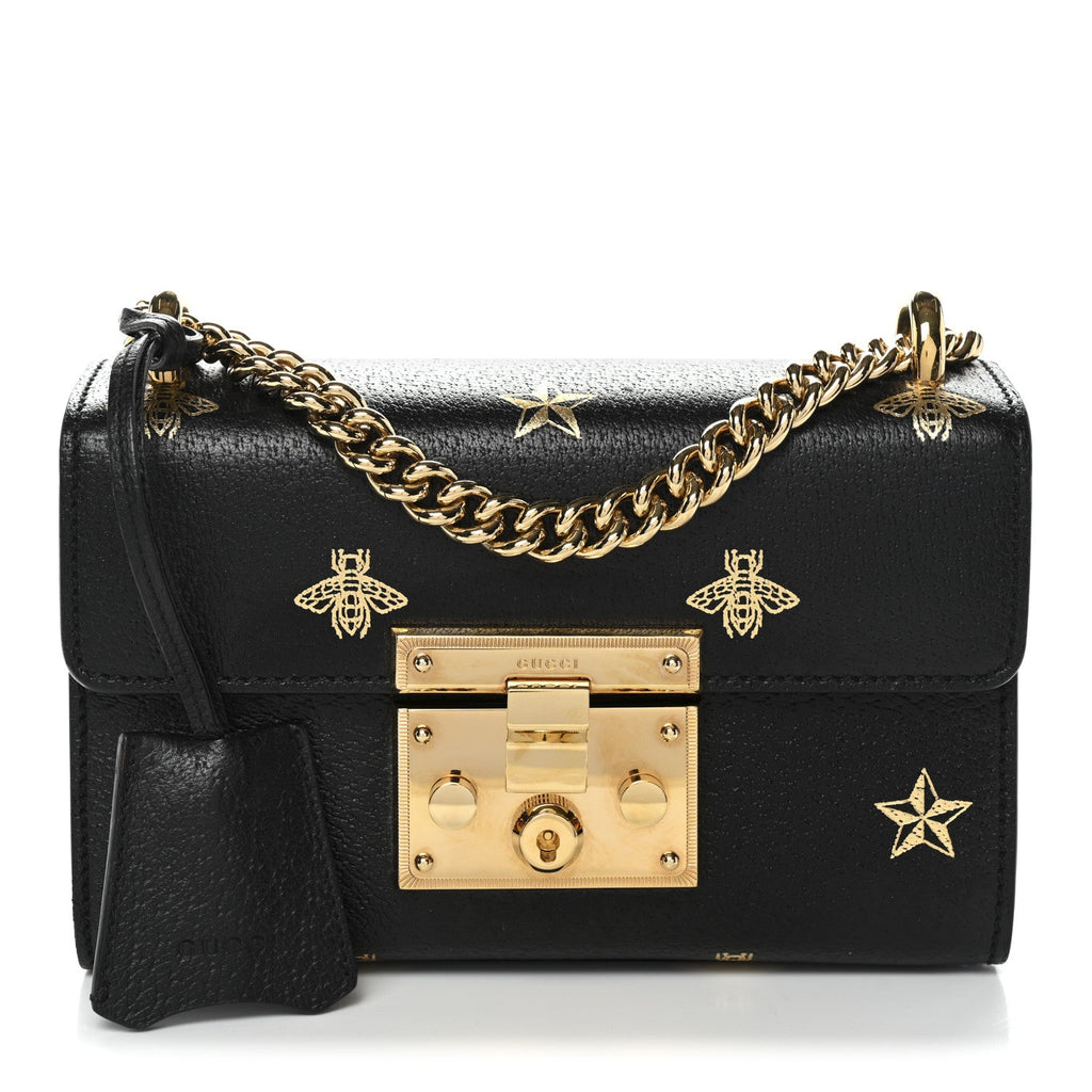 Grained Calfskin Bee Star Small Padlock Shoulder Bag Black product image 1, provided for visual reference and product detail