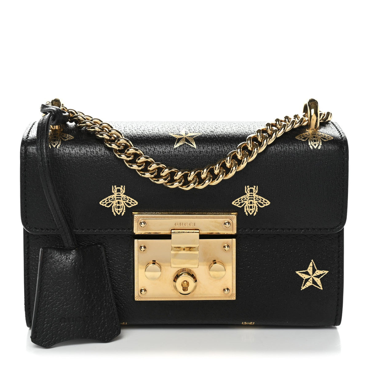 Grained Calfskin Bee Star Small Padlock Shoulder Bag Black product image 1, provided for visual reference and product detail
