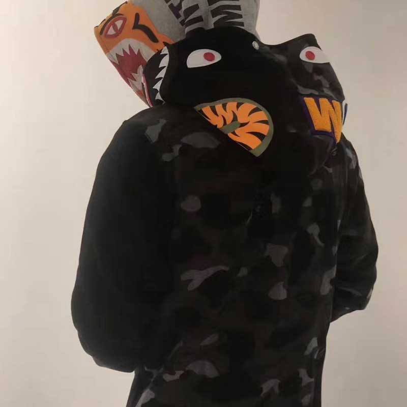 Bathing Ape Tiger Head Shark Double Hood Sweater Camouflage Hoodie Thin Velvet Terry Hooded Sweater product image 2,