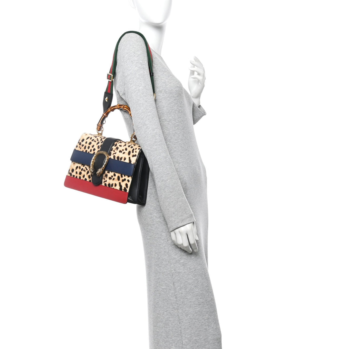 Calf Hair Calfskin Bamboo Web Leopard Print Medium Dionysus Top Handle Bag Natural Blue Agata Hibiscus Red product image 2,
