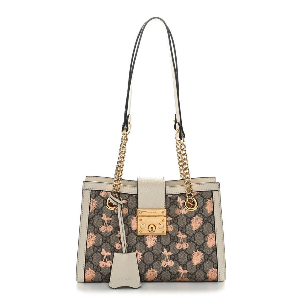 GG Supreme Monogram Berry Textured Dollar Calfskin Small Padlock Tote Beige Ebony Light Copper Mystic White product image 1,