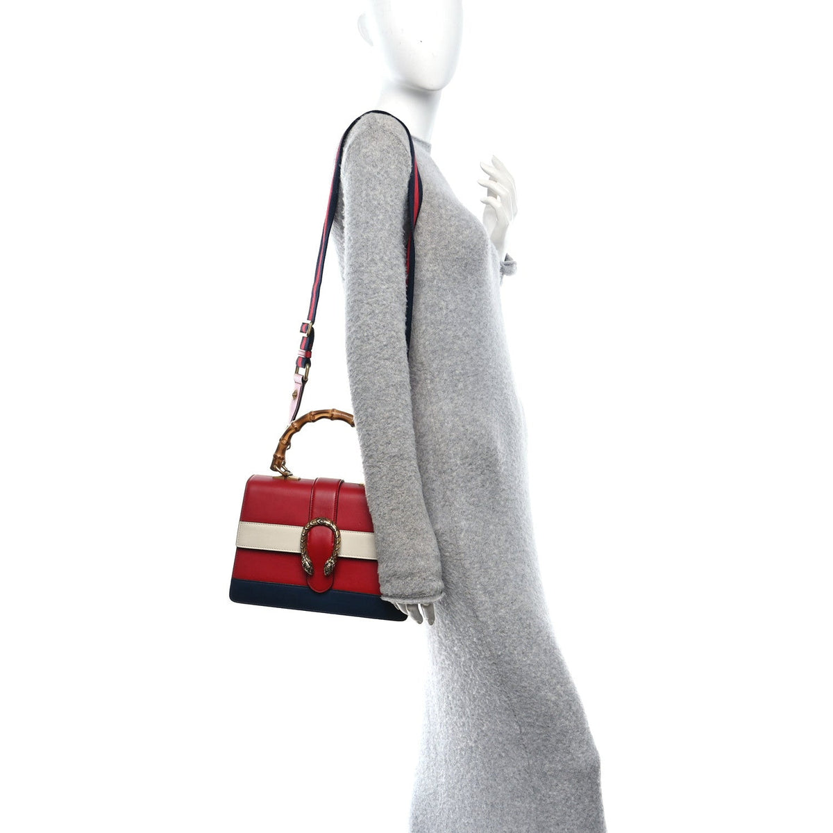 Calfskin Bamboo Web Medium Dionysus Top Handle Bag Red White Blue product image 2, provided for visual reference and product