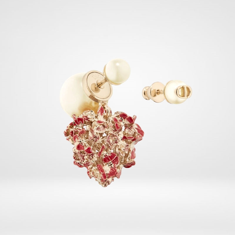 Dior Tribales Red Flower Heart Faux Pearl 18K Gold Earrings product image 1, provided for visual reference and product