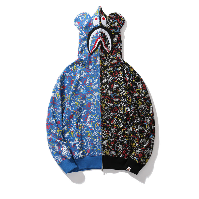 Bape Bearbrick Hoodie Blue And Black Camouflage Stitching Shark Zipper Hooded Ear Sweater product image 1, provided for