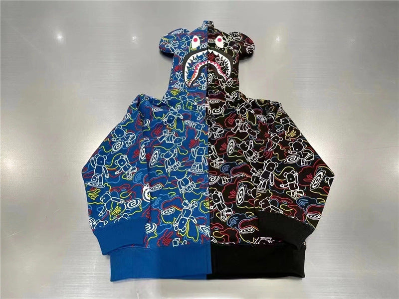 Bape Bearbrick Hoodie Blue And Black Camouflage Stitching Shark Zipper Hooded Ear Sweater product image 2, provided for