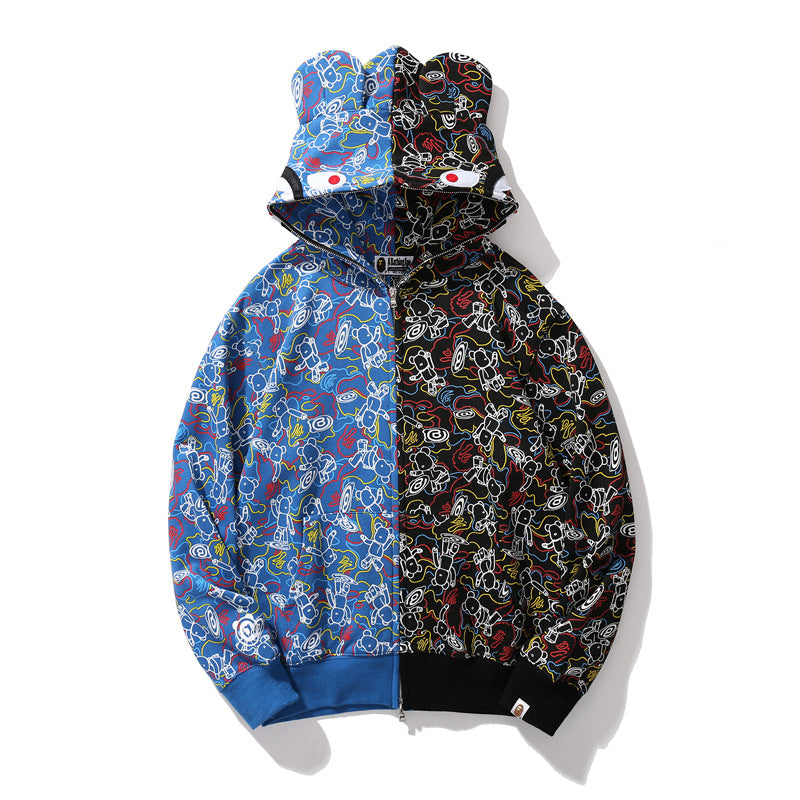 Bape Bearbrick Hoodie Blue And Black Camouflage Stitching Shark Zipper Hooded Ear Sweater product image 3, provided for