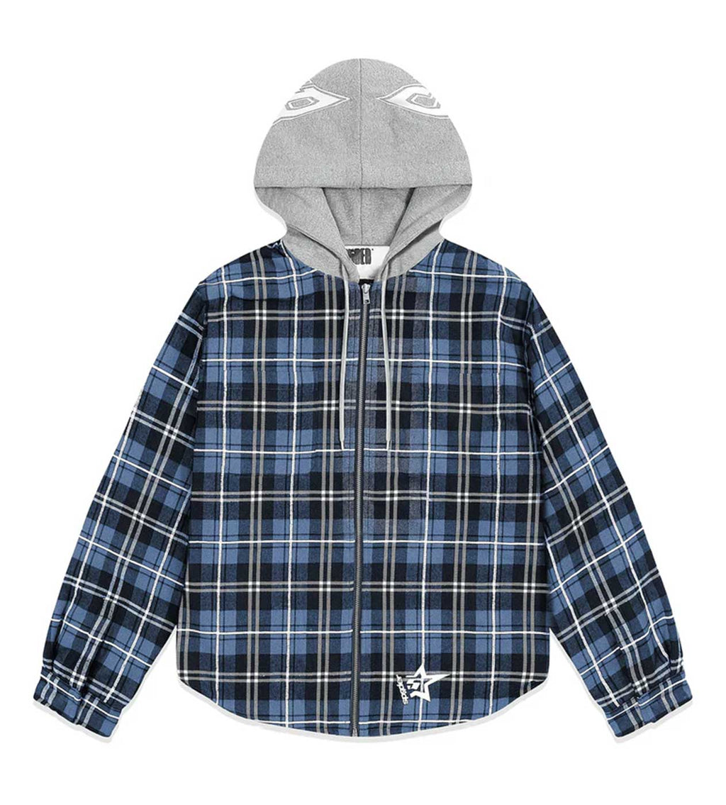 Sp5der Hooded Flannel Zip Up Blue product image 1, provided for visual reference and product detail review