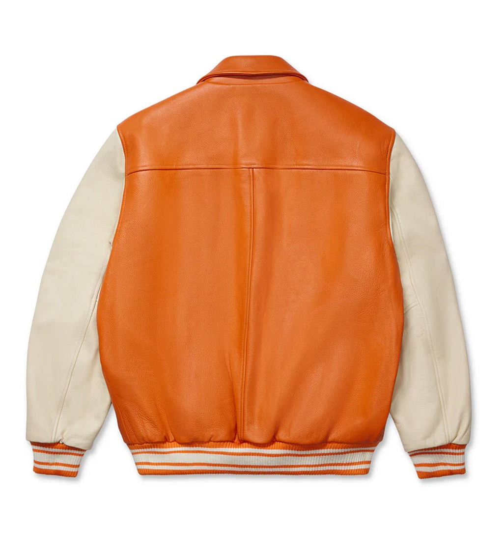 Sp5der Leather Varsity Jacket Orange product image 2, provided for visual reference and product detail review