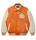 Sp5der Leather Varsity Jacket Orange product image 1, provided for visual reference and product detail review