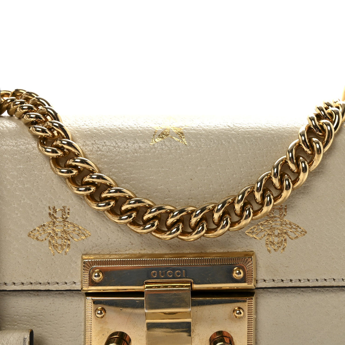 Grained Calfskin Bee Star Small Padlock Shoulder Bag White product image 8, provided for visual reference and product detail