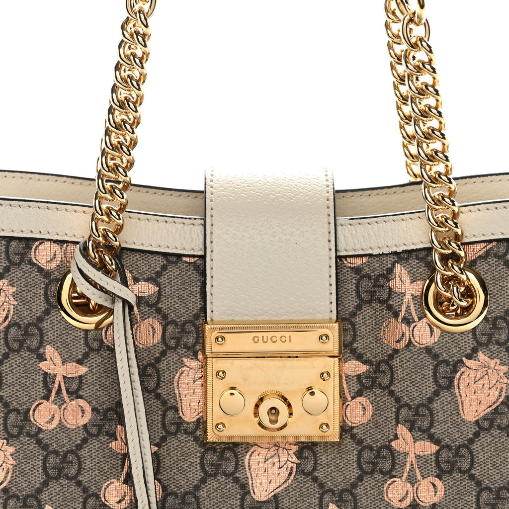 GG Supreme Monogram Berry Textured Dollar Calfskin Small Padlock Tote Beige Ebony Light Copper Mystic White product image 8,