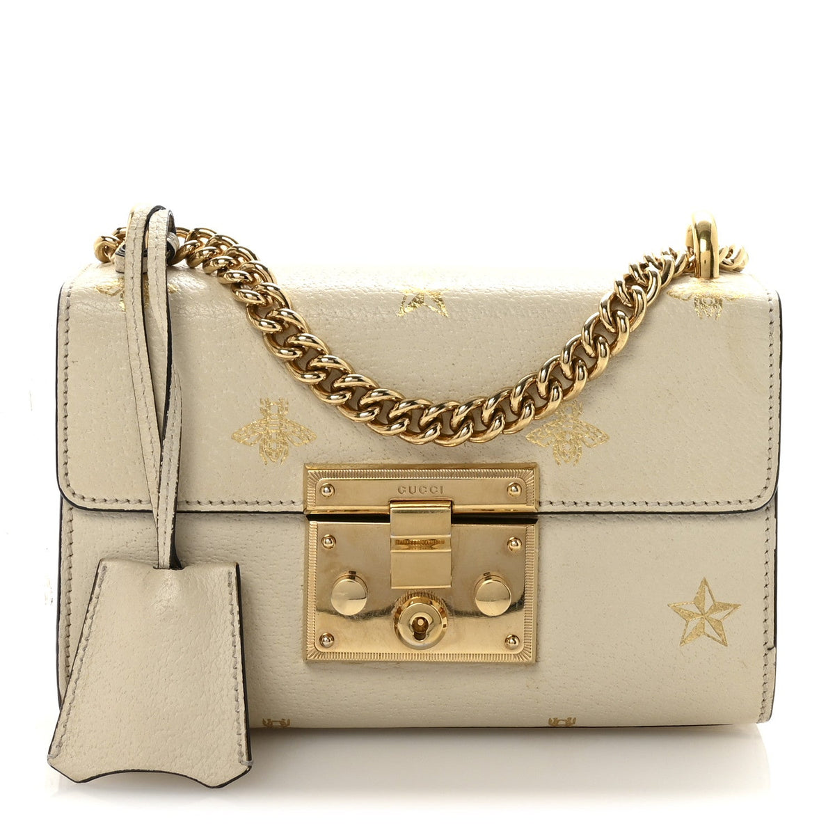 Grained Calfskin Bee Star Small Padlock Shoulder Bag White product image 1, provided for visual reference and product detail