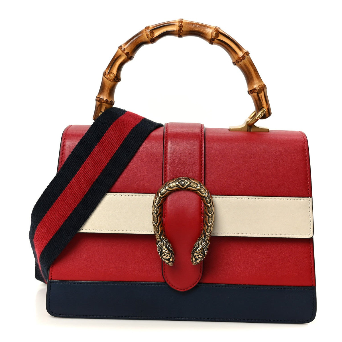 Calfskin Bamboo Web Medium Dionysus Top Handle Bag Red White Blue product image 1, provided for visual reference and product