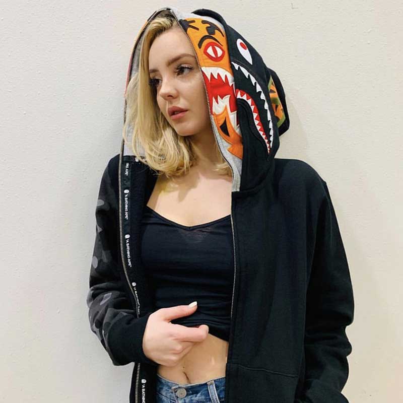 Bathing Ape Tiger Head Shark Double Hood Sweater Camouflage Hoodie Thin Velvet Terry Hooded Sweater product image 1,