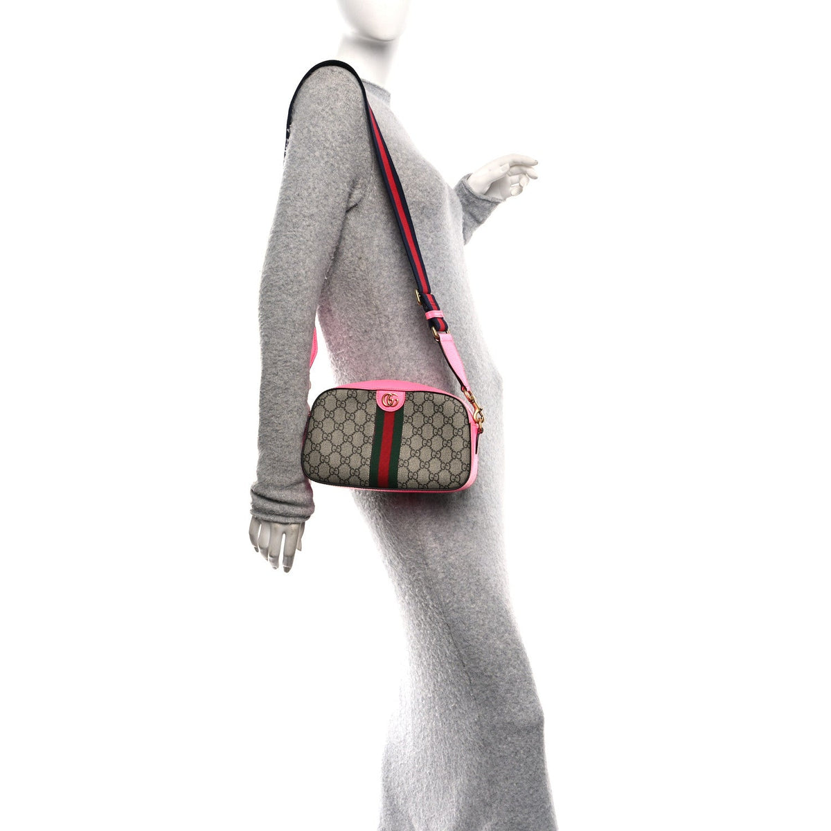 GG Supreme Monogram Textured Dollar Calfskin Web Ophidia Small Crossbody Bag Beige Ebony Fuchsia product image 2, provided