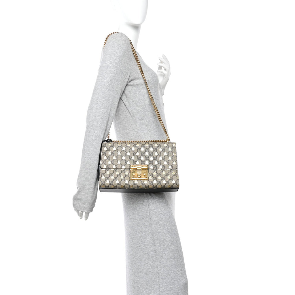 GG Supreme Monogram Bees Medium Padlock Shoulder Bag Beige Oro Black product image 2, provided for visual reference and