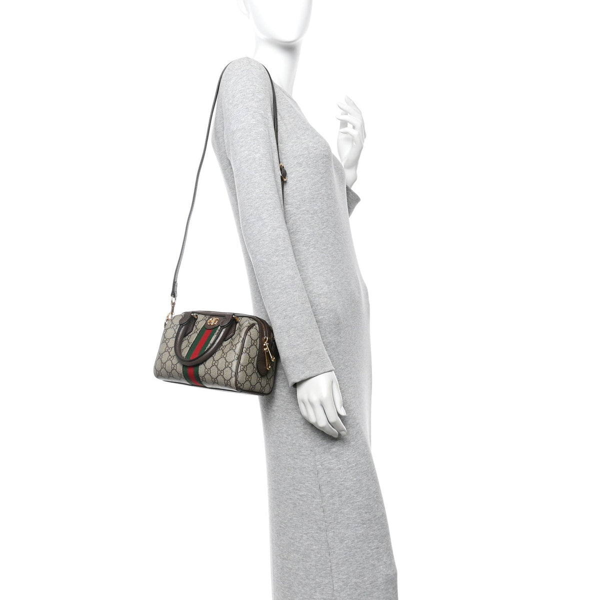 GG Supreme Monogram Textured Dollar Calfskin Web Mini Ophidia Top Handle Bag Beige Ebony New Acero product image 2, provided