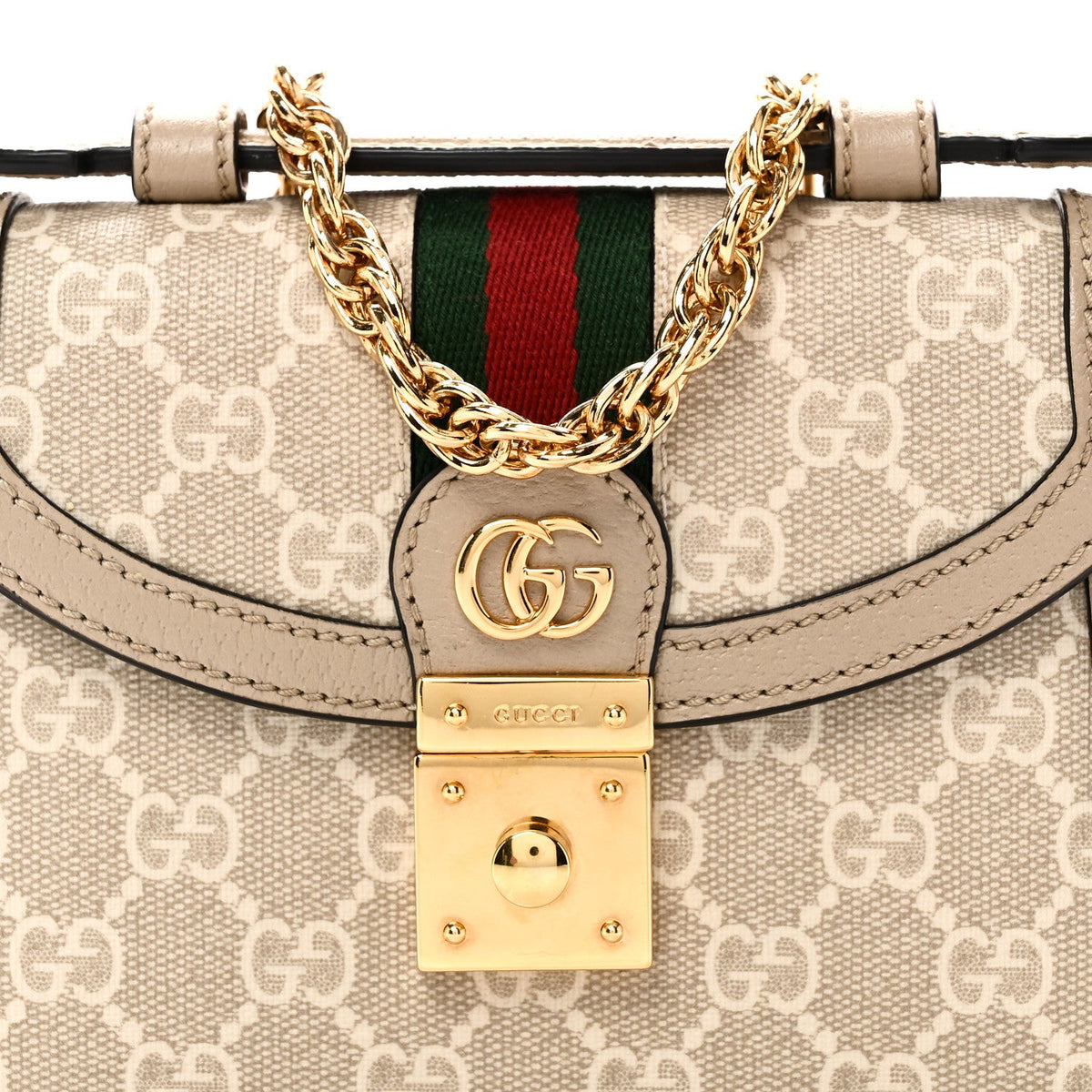 GG Supreme Monogram Textured Dollar Calfskin Web Mini Ophidia Padlock Top Handle Chain Shoulder Bag Beige Mystic White